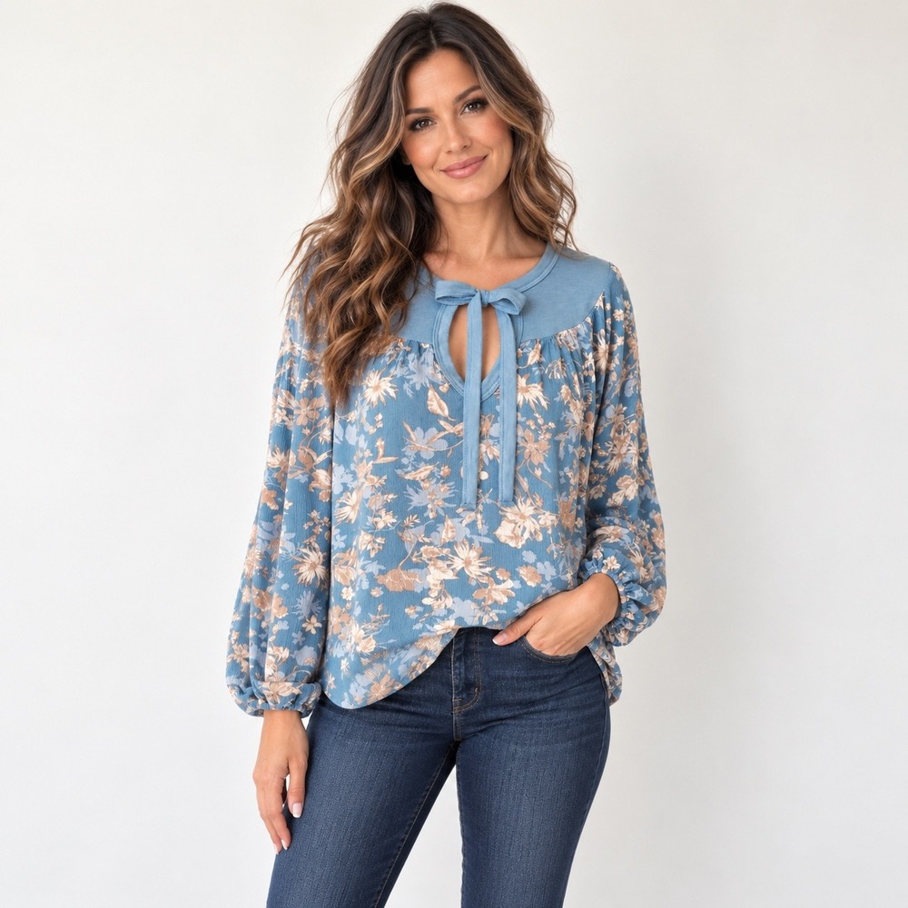 BIBI Floral Blouse XL Blue Tie Neck Mixed Media Relaxed Knit Prairie Peasant